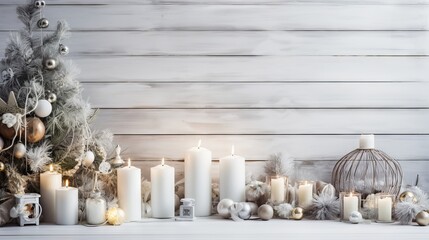 Festive Christmas arrangement on white wooden background