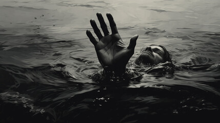 man drown in water. hands above surface.depression concept. black and white illustration. copy space - obrazy, fototapety, plakaty