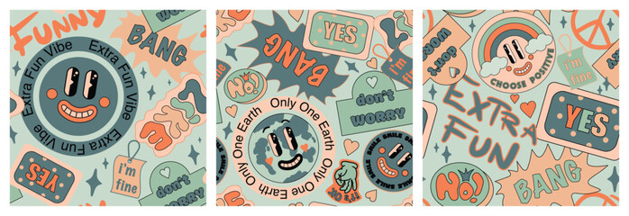 90 Cool Sticker Collage Seamless Pattern set. Funky, Groovy Background with Retro Colour Patches. Cartoon Fun Smile Faces, y2k, Millennium Style Vector Illustration. 