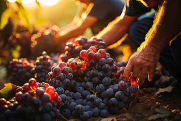 Seasonal workers participate at the grape harvest season still doing the work by hand. The work is...