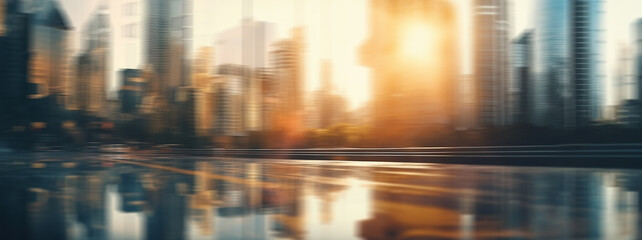 Sunlight in a modern city scene. Defocused image of a near street. Bright lights, tall buildings, towers, skyscrapers, road. Wide scale image created using Generative AI tools.