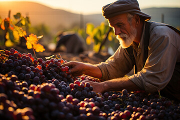 Seasonal workers participate at the grape harvest season still doing the work by hand. The work is...