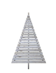 Handmade decorative wooden Christmas tree from pallets on white background. Isolated winter holiday rustic decorative tree..Free copy space.