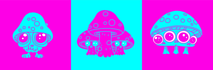 Funny psychedelic mushrooms neon colorful 70s retro style. Vector simple flat illustrations set