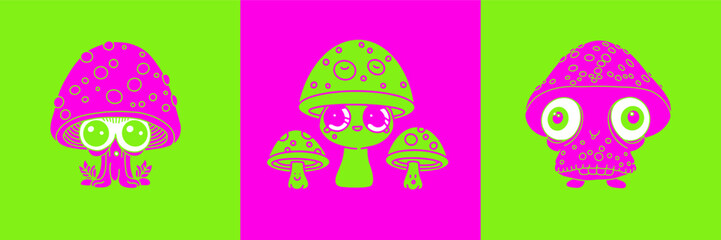 Psychedelic neon mushrooms set with open eyes. Fantasy magic plant isolated on colorful background. Duotone simple flat vector illustration.