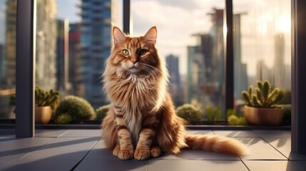 An American Longhair cat resides in a snug apartment with a view of towering skyscrapers through the windows.