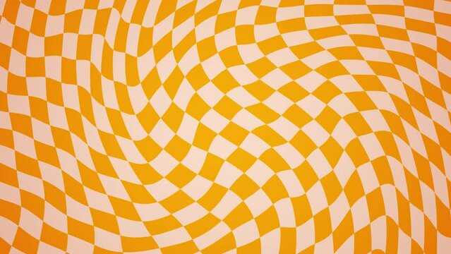 Retro, orange, Y2k, 90s, abstract, groovy, wavy, checkered pattern background, vintage psychedelic checkerboard texture. Animated, looping small squares pattern.