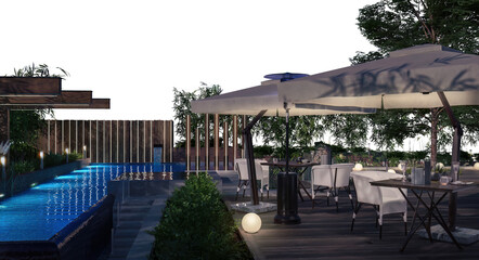 Architectural Visualization of an Exterior Restaurant with a Swimming Pool Deck (isolated for a dark background) - 3D Visualization