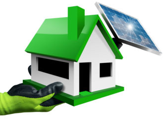 Close-up of a hand with protective work glove holding a small model house with Solar Panel on the rooftop. Isolated on white or transparent background. Renewable energy concept. Png.