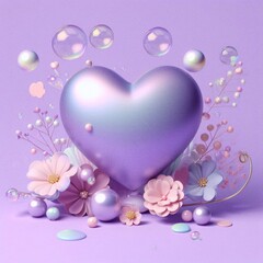pink heart with flowers and bubbles, heart shaped flowers in a purple color on  solid background 