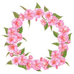 Hand-drawn watercolor illustration. Wreath with sakura flowers and leaves. For greeting cards, posters, flyers, covers