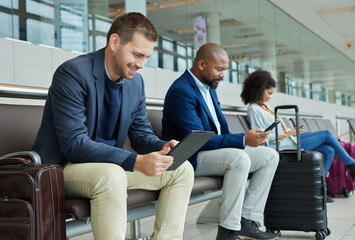 Airport, lobby and people on technology for online booking, flight information and travel schedule. Digital app, news and business man on tablet for immigration, international or global opportunity - obrazy, fototapety, plakaty
