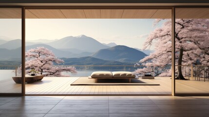 Minimal Japanese-style bedroom, spring season, decorated with brown furniture,There are large open sliding door Overlooking Fuji mountain outside - obrazy, fototapety, plakaty