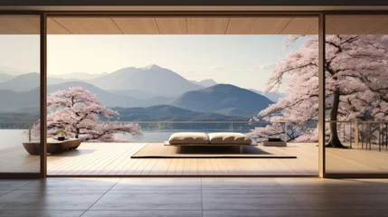 Fotobehang Minimal Japanese-style bedroom, spring season, decorated with brown furniture,There are large open sliding door Overlooking Fuji mountain outside © ND STOCK