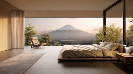 Minimal Japanese-style bedroom, spring season, decorated with brown furniture,There are large open...
