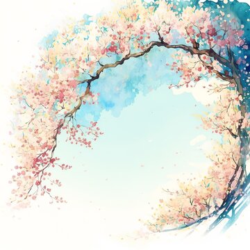 Spring background with the image of blue sky and cherry blossoms Watercolor illustration material blurred watercolor winter landscape snow oil paint branch with flowers peach blossom Generative AI 