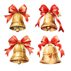 Christmas golden bell with red bow for greeting card design watercolor paint on white