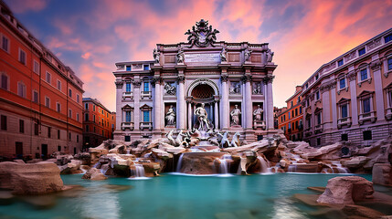 The iconic Trevin Fountain at dusk Rome Italy - obrazy, fototapety, plakaty