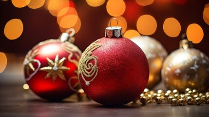 Festive and colorful Christmas ornaments on a wooden table