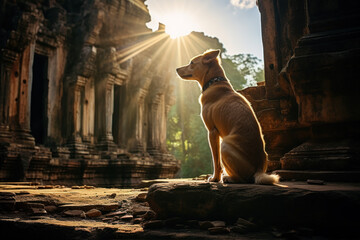 a dog standing outside the building, in the style of buddhist art and architecture - obrazy, fototapety, plakaty