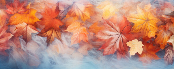 Fototapeta na wymiar Beautiful frozen autumn maple leaves on the ground. Autumn winter background
