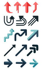 vector set of different arrows in flat style in blue color of different shapes and sizes on a white background