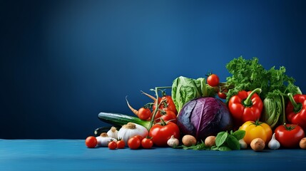 Beat see vegetable composition with new natural products on a blue table