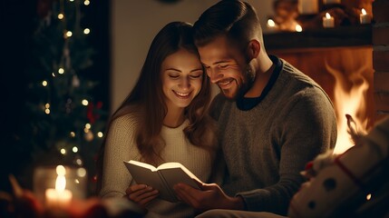 Beat see of unwinding couple secured by a delicate and cozy cover at domestic perusing a book together beneath the chimney with candles, presents and brightened tree. Winter occasion and