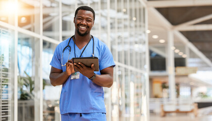 Tablet, doctor and portrait of happy black man smile for healthcare results, clinic trust or medicine report. Medical nurse, professional surgeon or African person research info on hospital database - obrazy, fototapety, plakaty