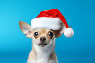 Cute little dog wearing a Christmas hat blue background