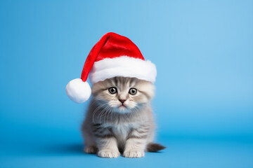 Cute little cat wearing a Christmas hat blue background