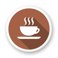 Hot drink long shadow icon. Cup of tea or coffee. Stylized white glyph on brown background.