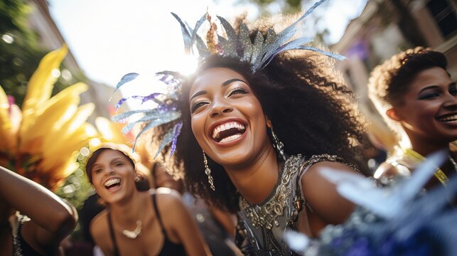 Bunch of cheerful individuals in carnival ensembles moving and having fun amid celebration on the road