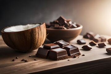Coconut and chocolate on neutral background