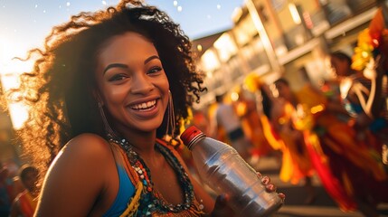 Brazilian Carnival. Lady drinking water amid carnival square on the road
