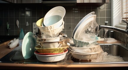 A sink full of dirty dishes with water running over them, AI - obrazy, fototapety, plakaty