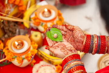 Beautiful hands of an Indian woman with betel nut along with betel leaf performing puja rituals....