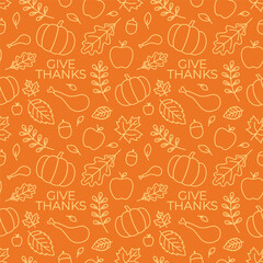Seamless thanksgiving, autumn, fall pattern on orange background. Vector Illustration