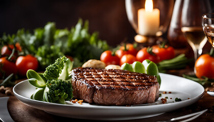 succulent steak cooked to perfection sits on a plate surrounded by vegetables, creating an elegant and inviting dining scene.