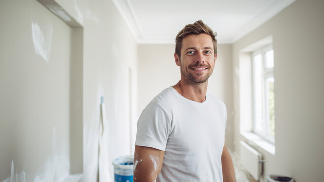 apartment renovation, no people, bright room, paint, male foreman worker smiling at the wall 