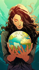 Naklejka premium Vector illustration of a young woman holding a globe in her hands. 