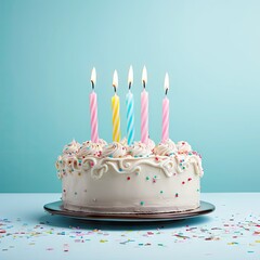 birthday cake with a candle on a pastel pink background with copy space