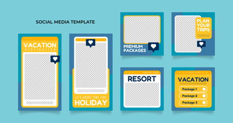 social media post template for travel holiday tourism marketing and sale promo. tour advertising. banner offer. promotional mockup photo vector frame illustration