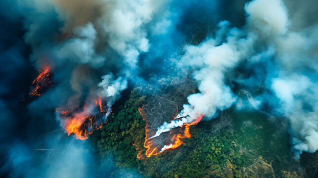 Aerial view of a forest fire with big flames and smoke.