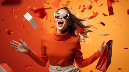 Cheerful exquisite youthful young lady in dark dress and shades, with sacks and inflatables, cheerfully yelling, on white foundation. Shopping, rebates, Black Friday