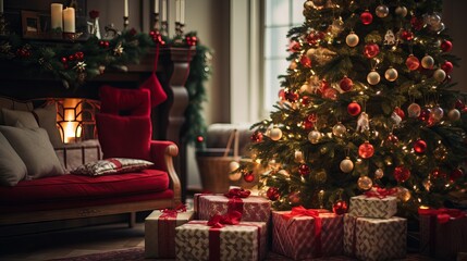 Fototapeta na wymiar Holidays background: festive Christmas tree, gifts, and decorations illuminated with joy