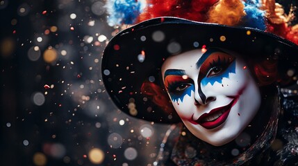Carnival celebration in lanes, Colorful clown cap and confetti on obscured foundation - obrazy, fototapety, plakaty