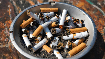 Cigarette butts in the ashtray, lingering odor of smoke. Generative AI. - obrazy, fototapety, plakaty