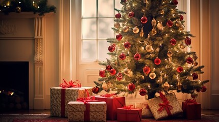 Holiday season atmosphere with illuminated Christmas tree, gifts, and festive decorations for a warm and cozy celebration