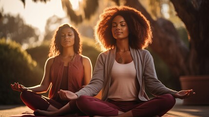 Caucasian and african american lady companions getting a charge out of having yoga and reflection together in stop - Powered by Adobe